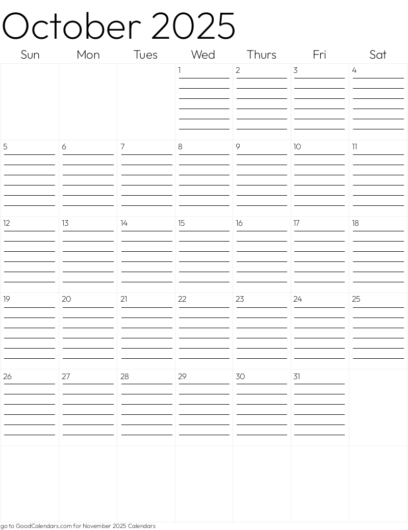 Lined October 2025 Calendar Template in Portrait