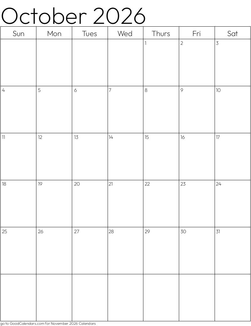 Standard October 2026 Calendar