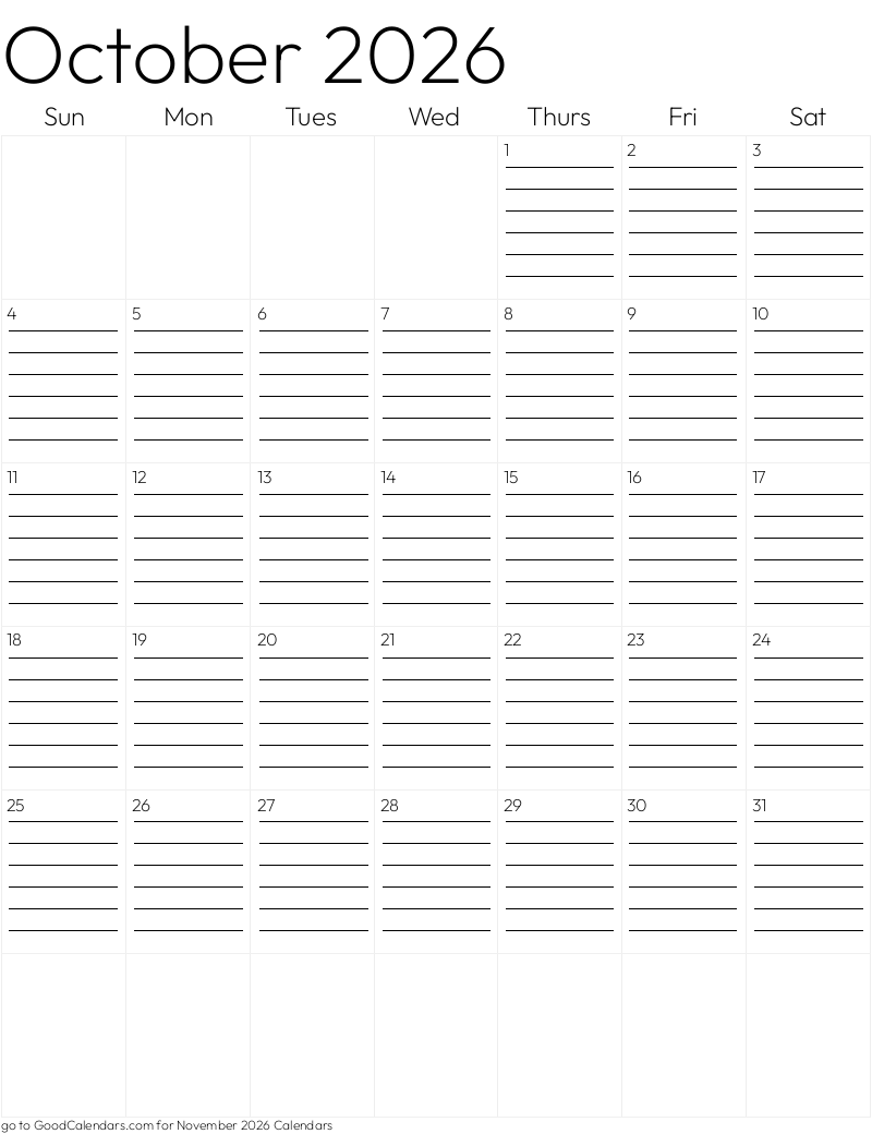 Lined October 2026 Calendar Template in Portrait