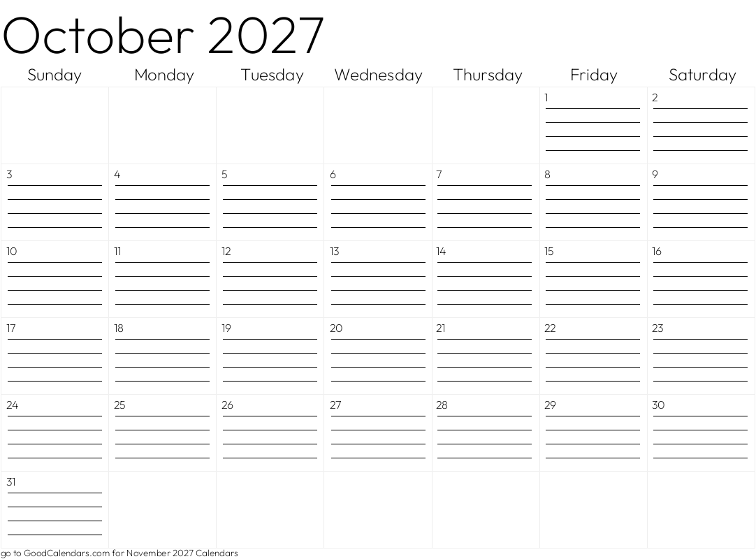 Lined October 2027 Calendar