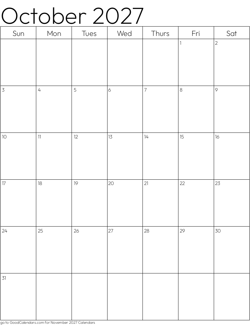 Standard October 2027 Calendar Template in Portrait