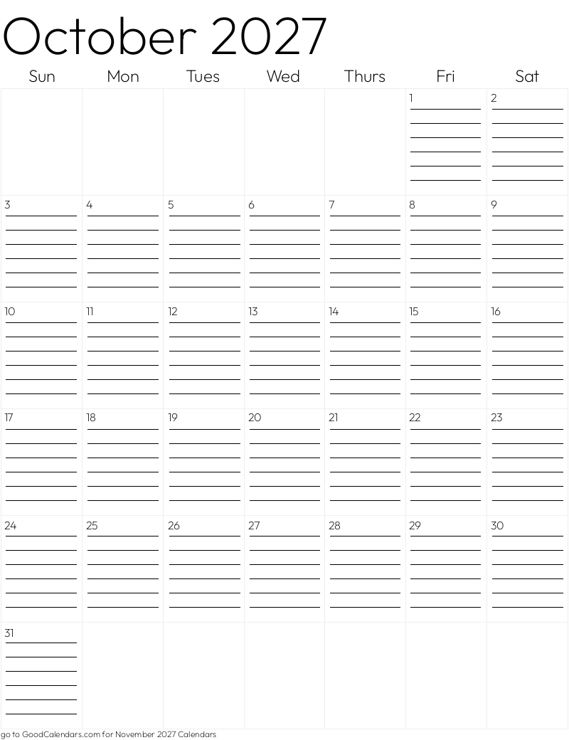 Lined October 2027 Calendar Template in Portrait