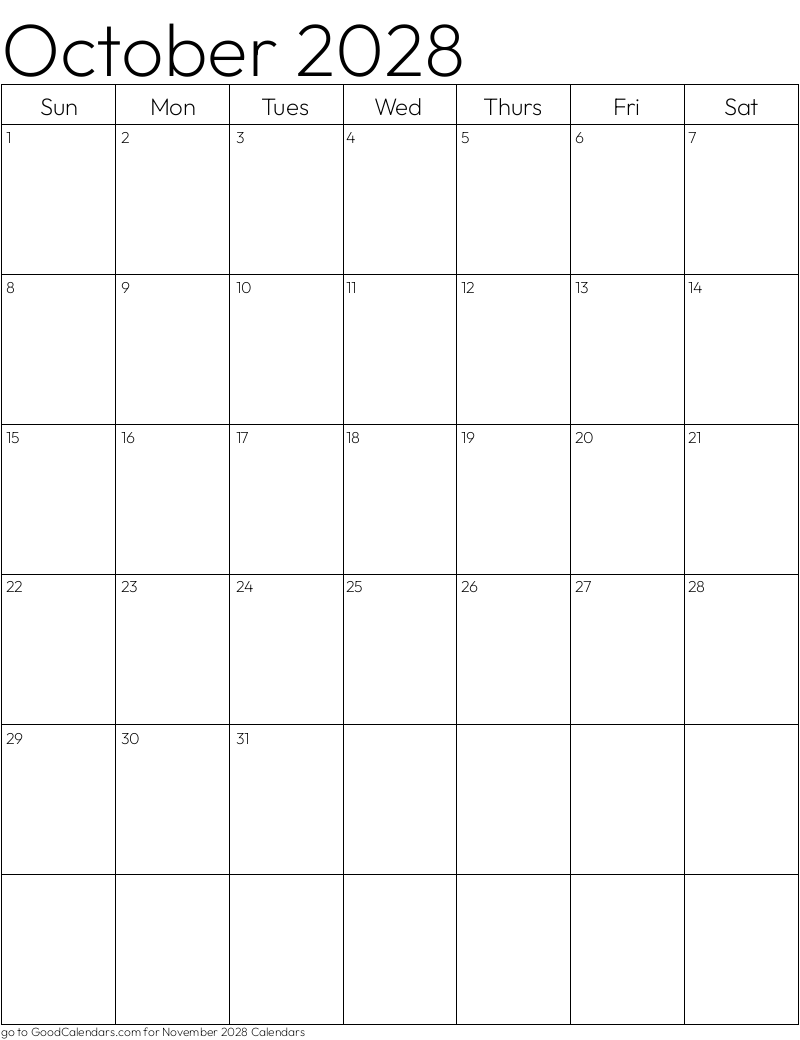 Standard October 2028 Calendar Template in Portrait