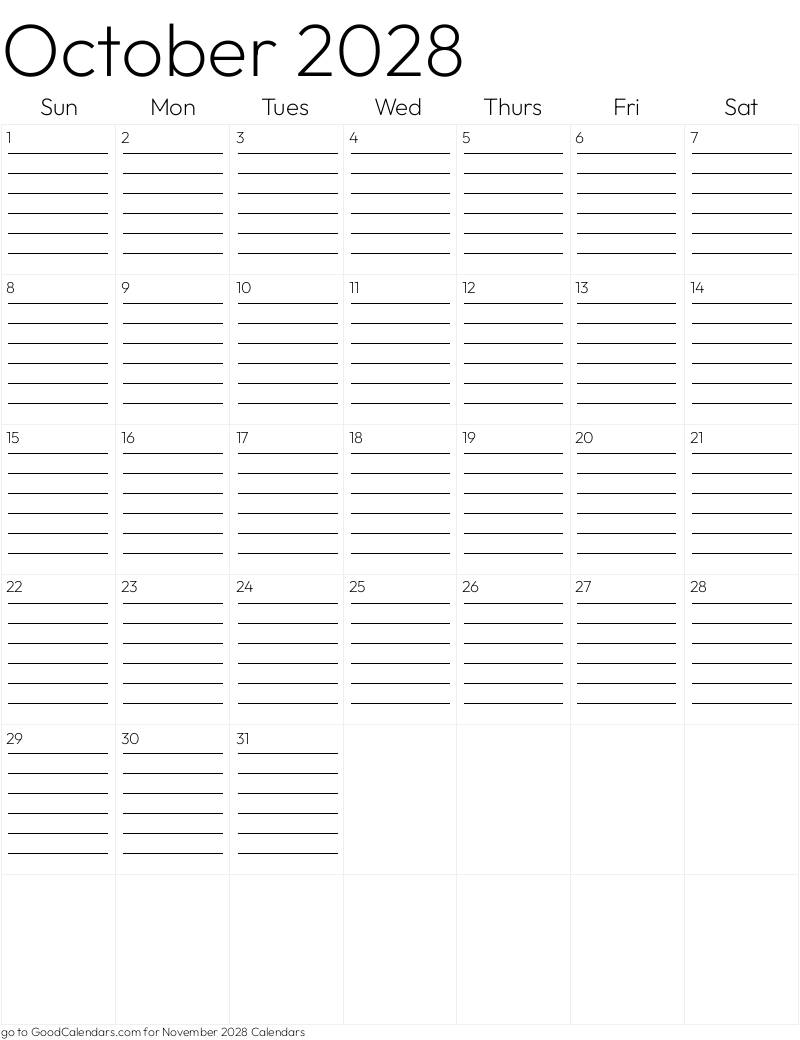 Lined October 2028 Calendar Template in Portrait