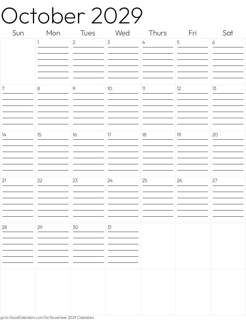 Lined October 2029 Calendar Template in Portrait