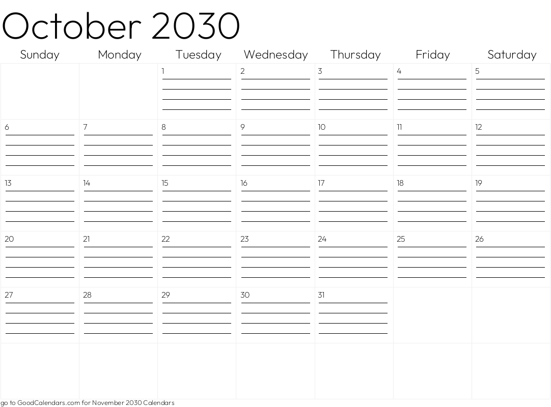 Lined October 2030 Calendar