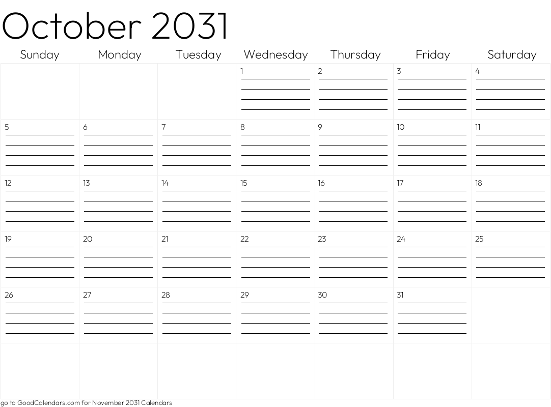 Lined October 2031 Calendar