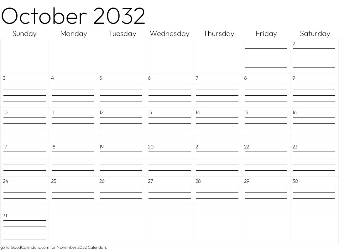 Lined October 2032 Calendar