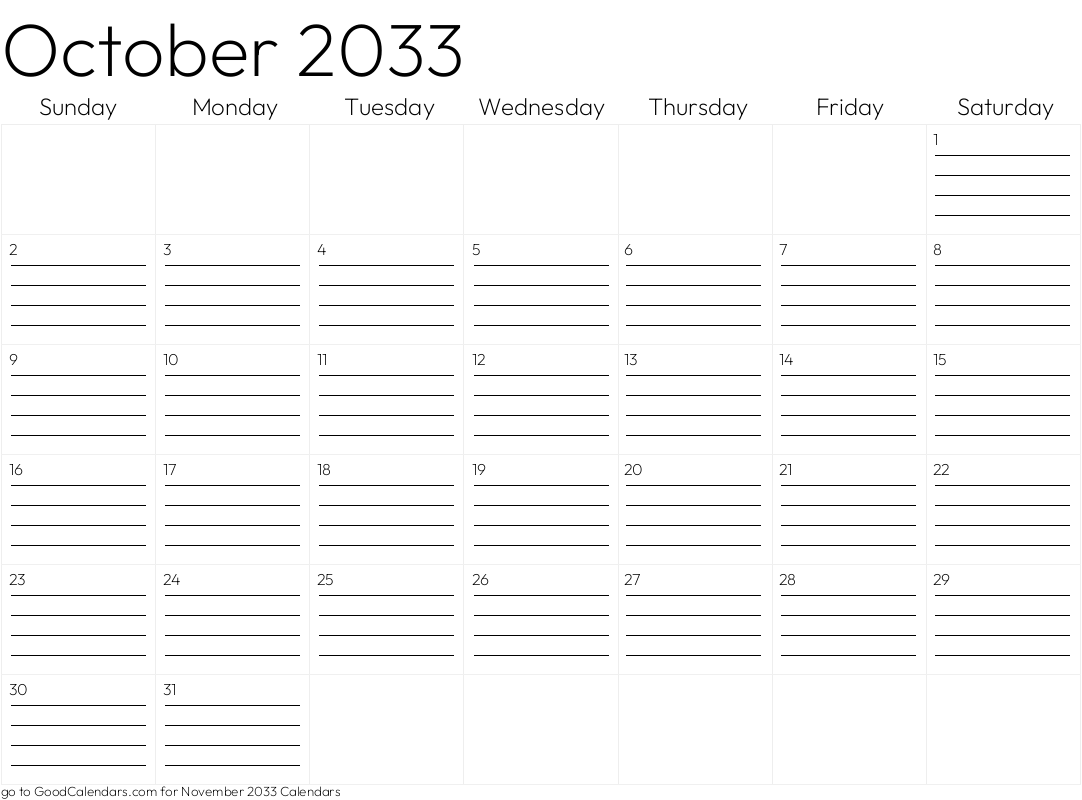 Lined October 2033 Calendar