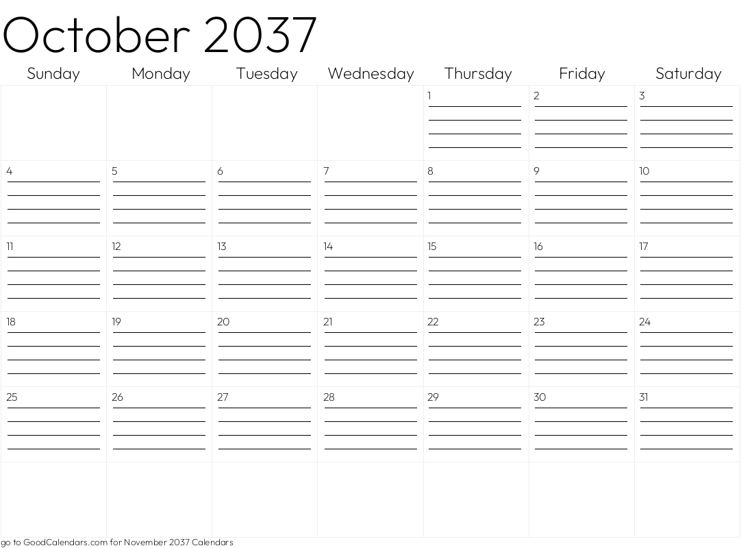 Lined October 2037 Calendar