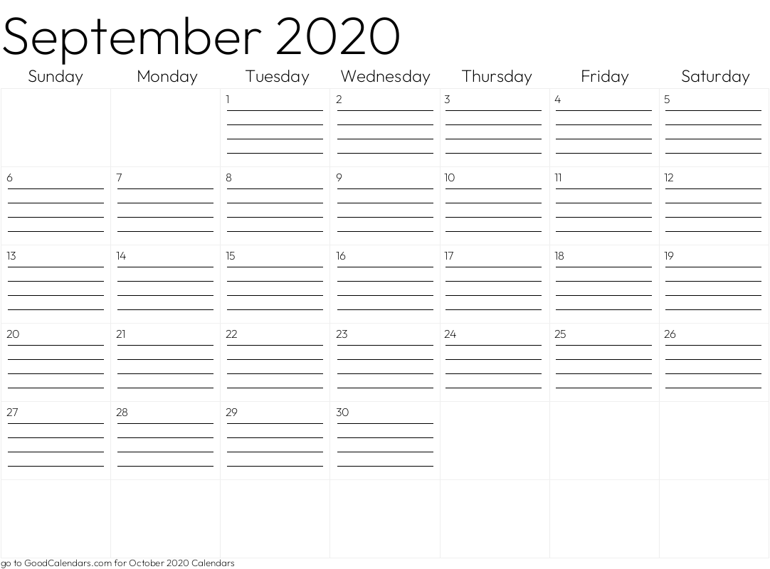 Lined September 2020 Calendar