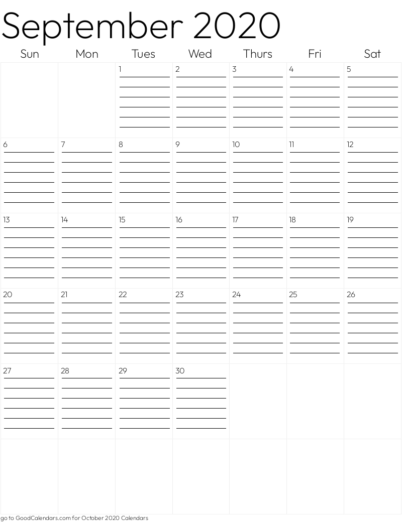 Lined September 2020 Calendar Template in Portrait