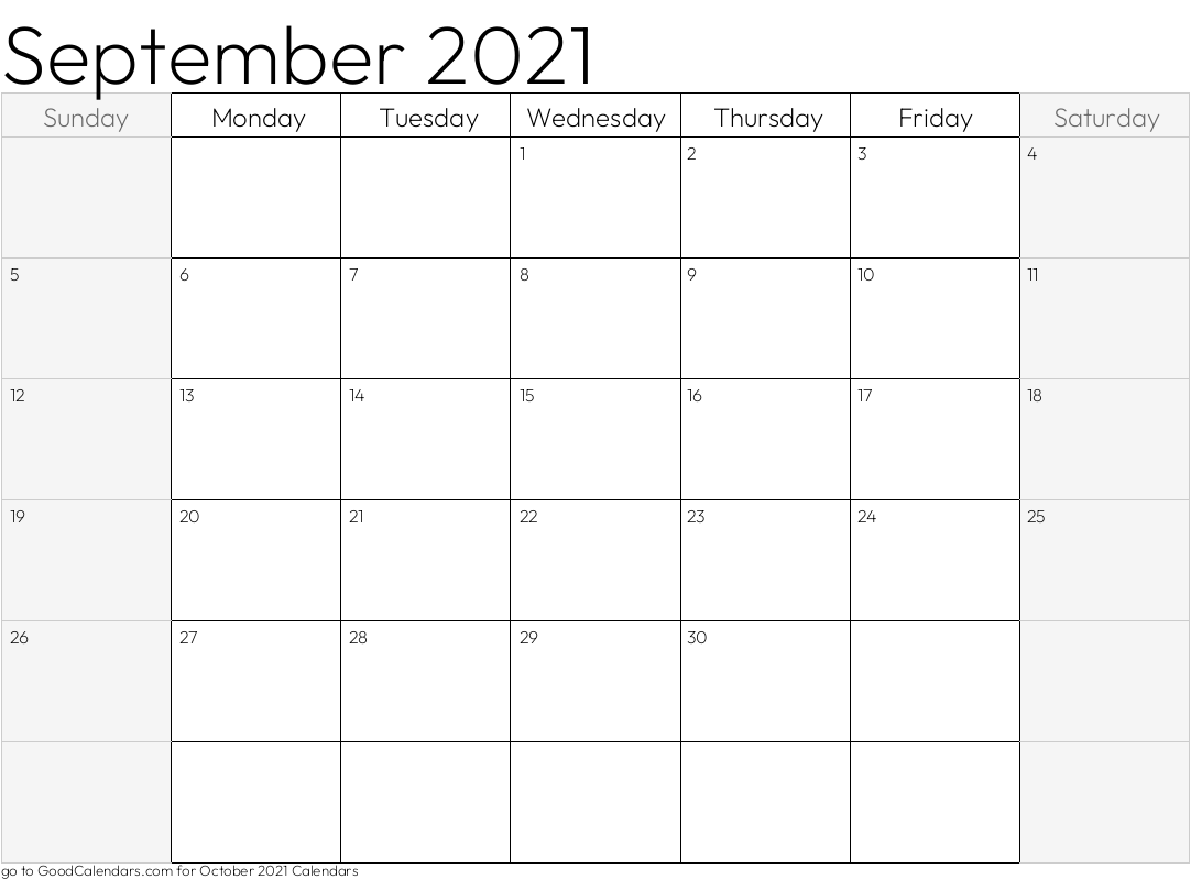 Shaded Weekends September 2021 Calendar Template in Landscape