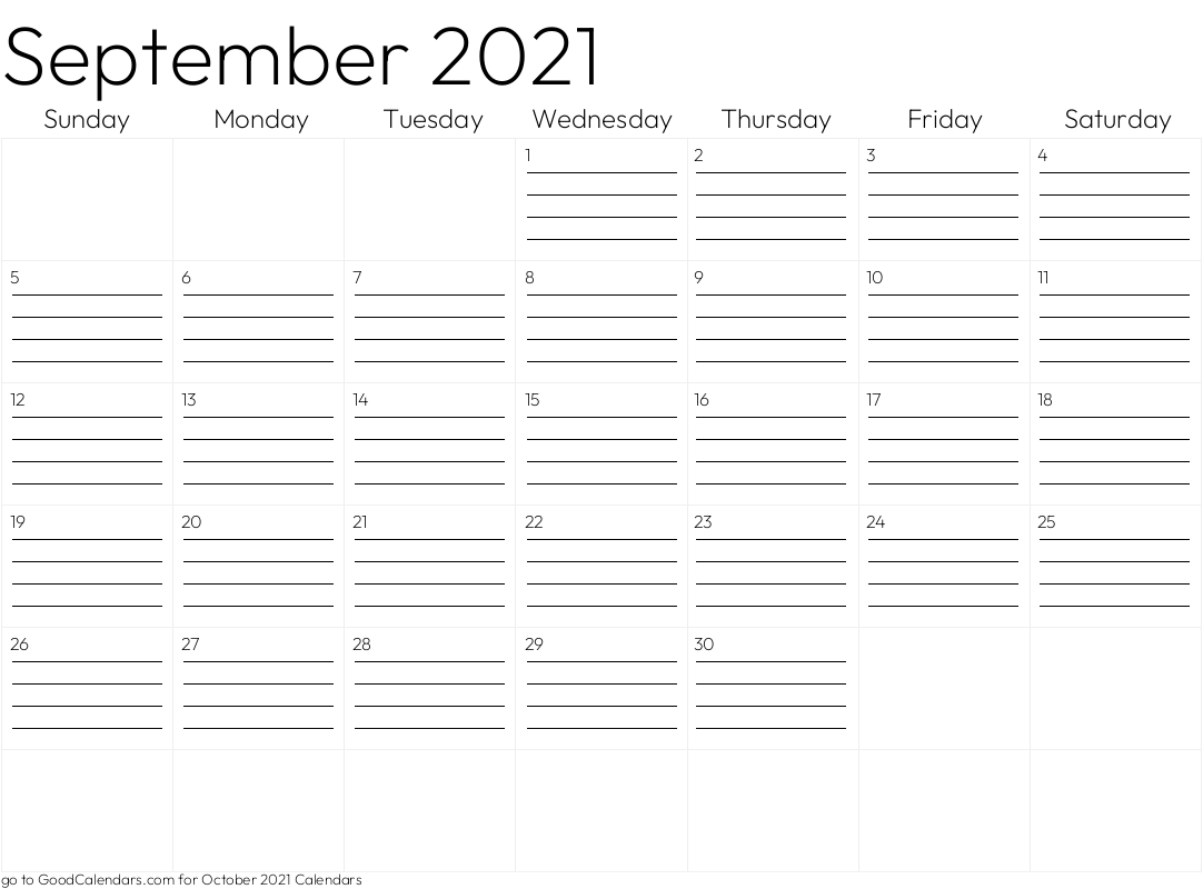 Lined September 2021 Calendar Template in Landscape