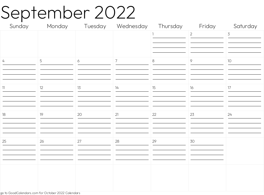 Lined September 2022 Calendar Template in Landscape