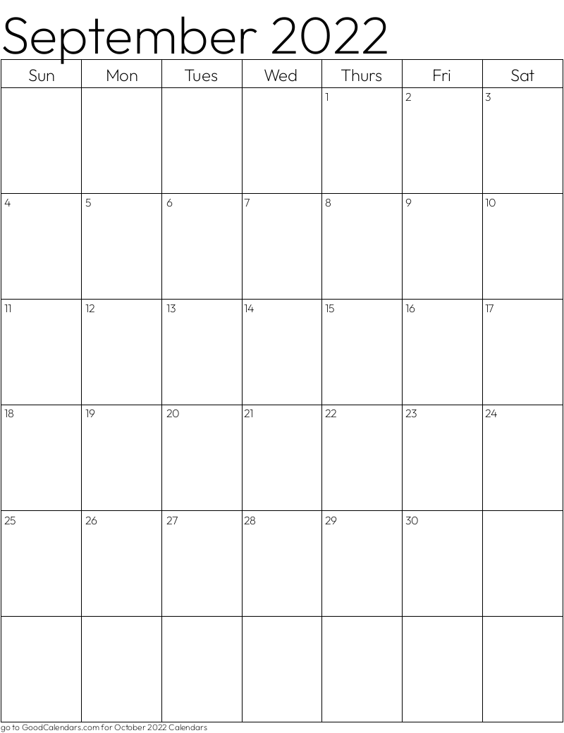 Standard September 2022 Calendar Template in Portrait