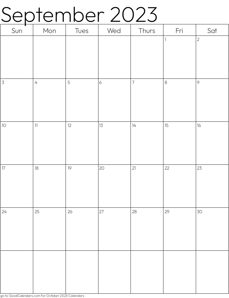 Standard September 2023 Calendar Template in Portrait