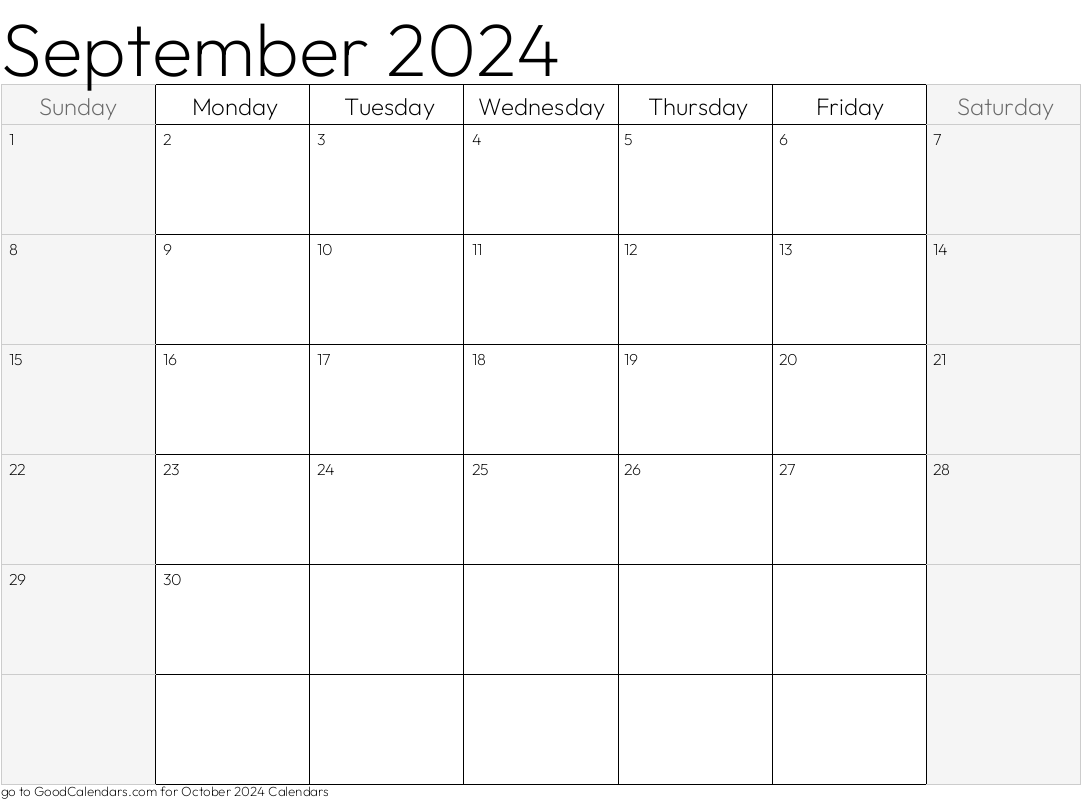 Shaded Weekends September 2024 Calendar Template in Landscape