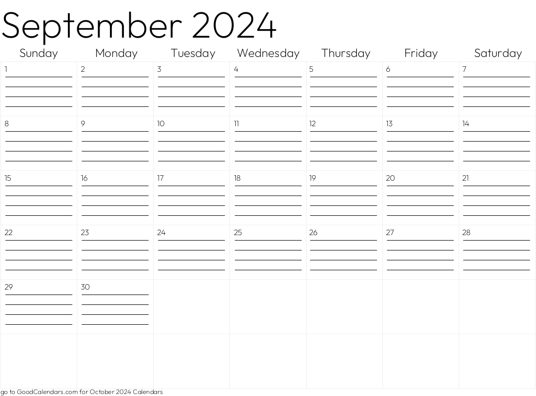 Lined September 2024 Calendar Template in Landscape