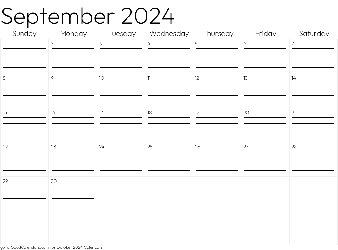 Lined September 2025 Calendar Template in Landscape