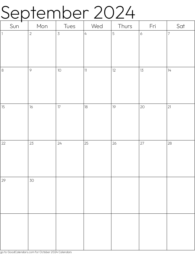 Standard September 2024 Calendar Template in Portrait