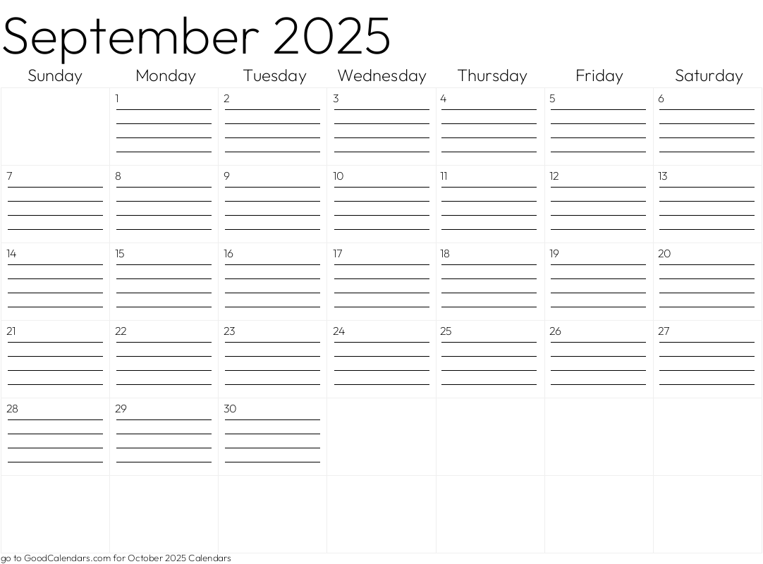 Lined September 2025 Calendar Template in Landscape