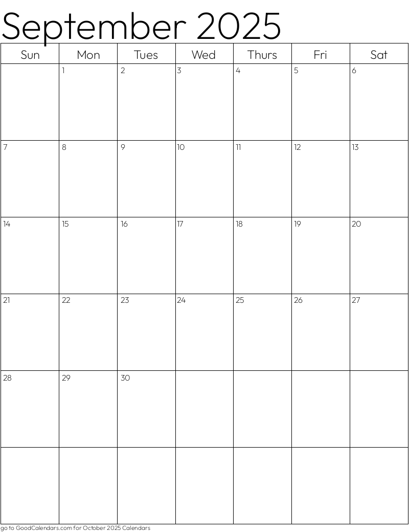 Standard September 2025 Calendar Template in Portrait