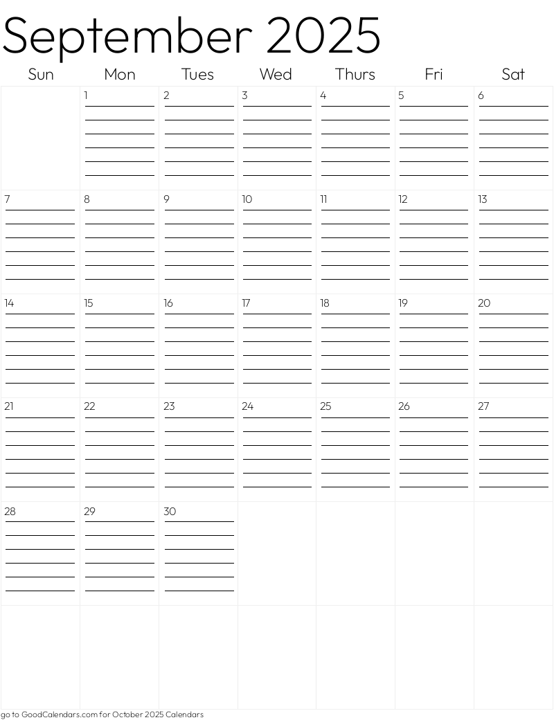 Lined September 2025 Calendar Template in Portrait