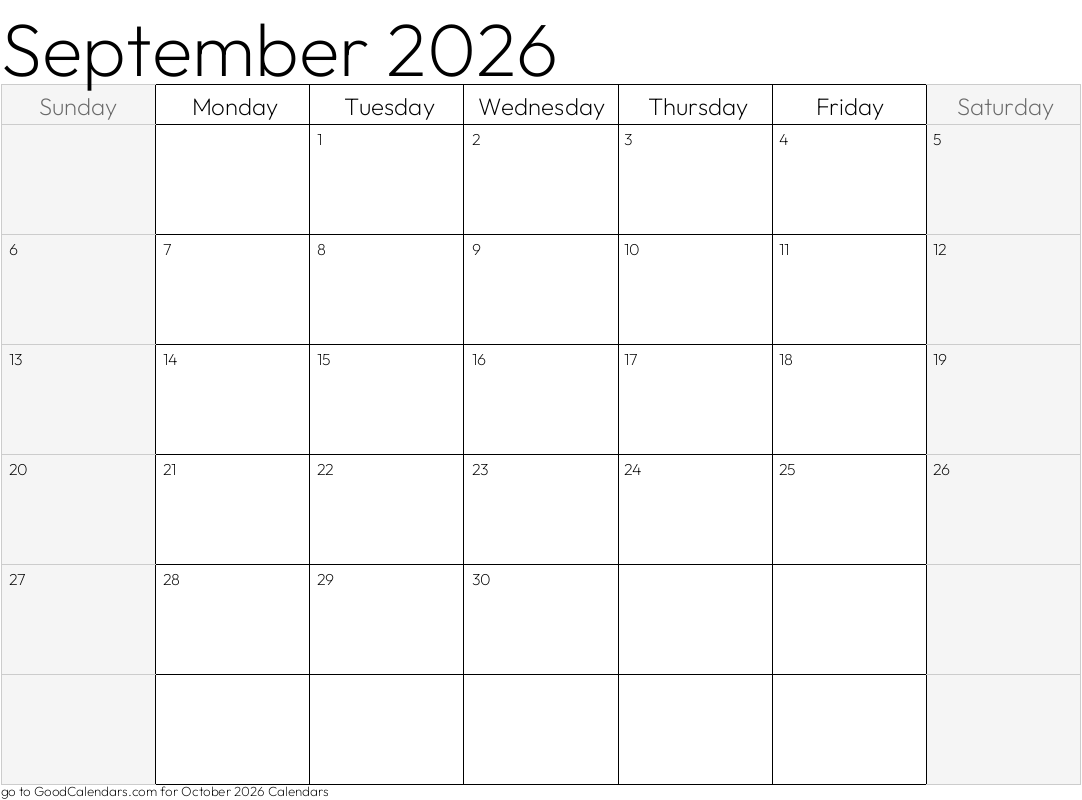 September 2026 Calendar with shaded weekends