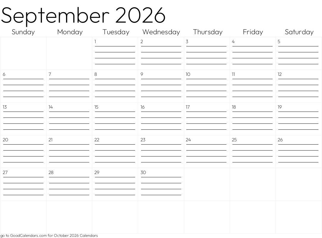 Lined September 2026 Calendar Template in Landscape