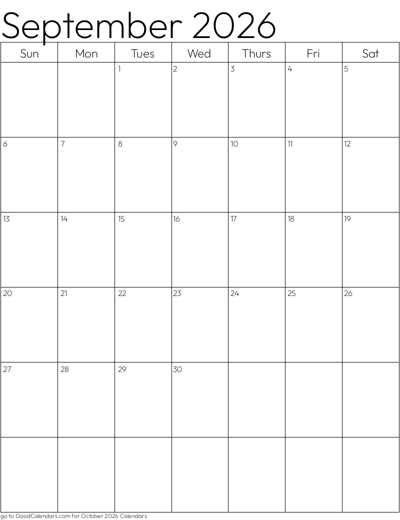 Standard September 2026 Calendar