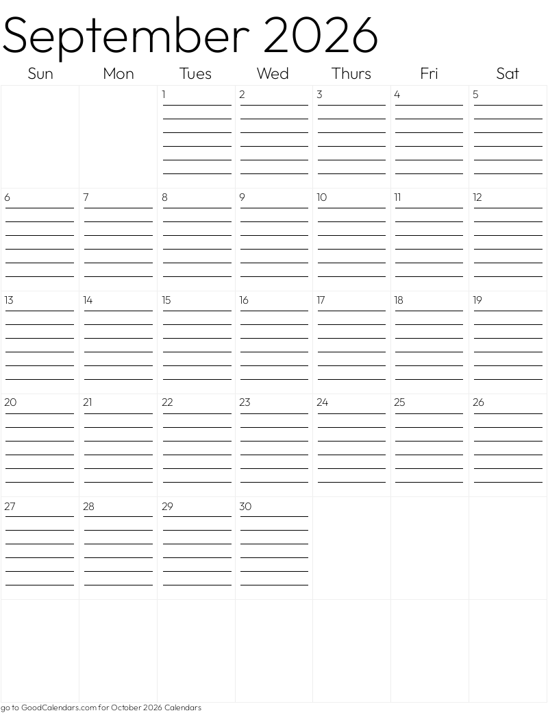 Lined September 2026 Calendar Template in Portrait