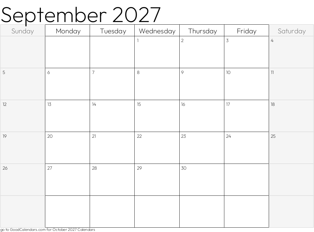 Shaded Weekends September 2027 Calendar Template in Landscape