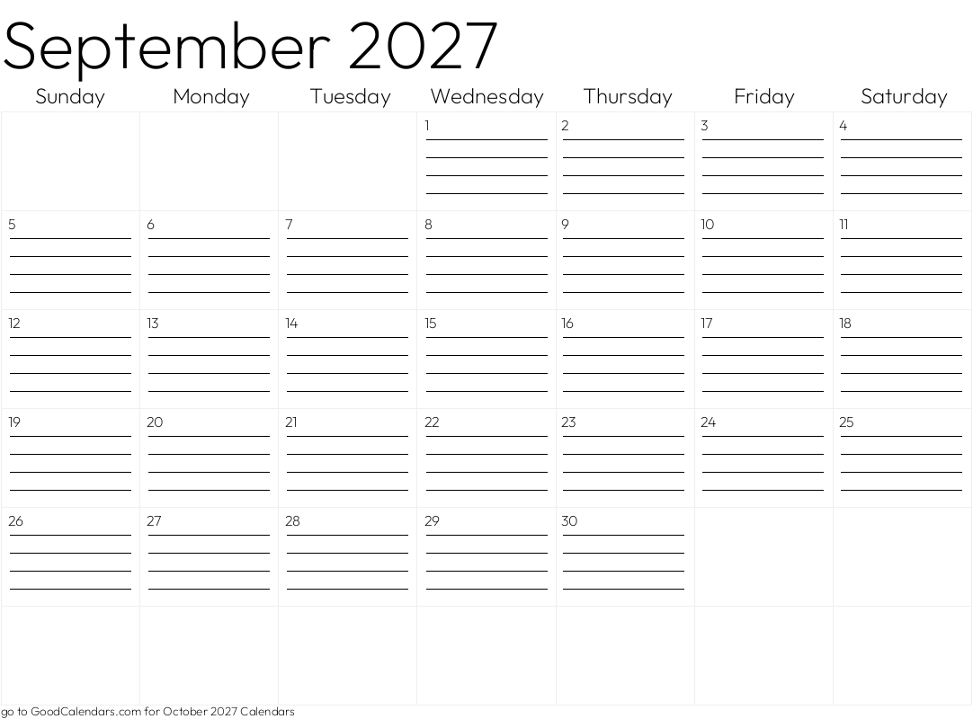 Lined September 2027 Calendar Template in Landscape