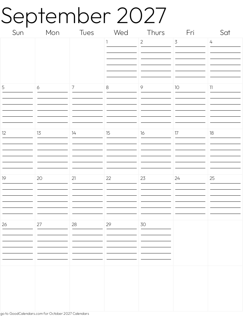 Lined September 2027 Calendar Template in Portrait