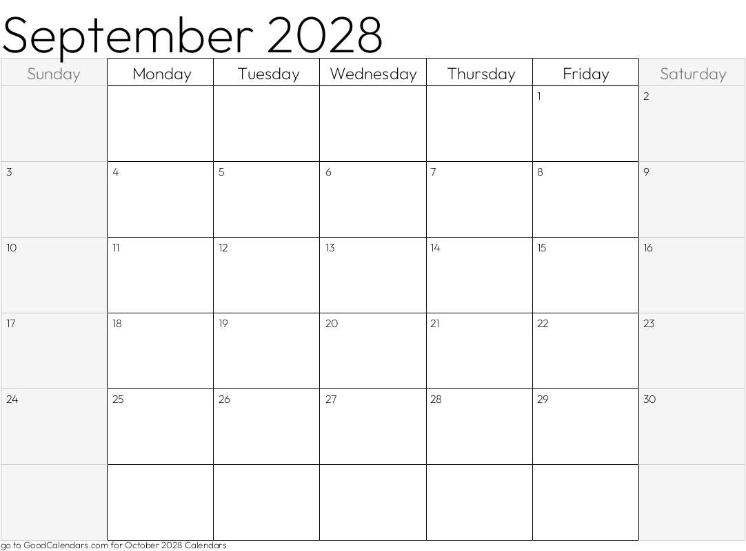 September 2028 Calendar with shaded weekends