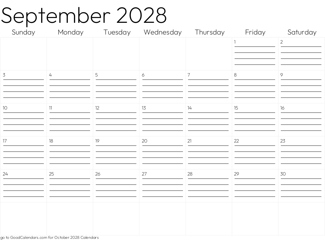 Lined September 2028 Calendar