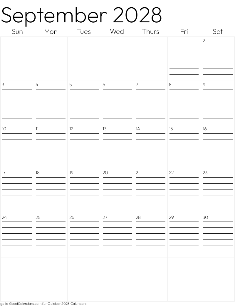 Lined September 2028 Calendar Template in Portrait