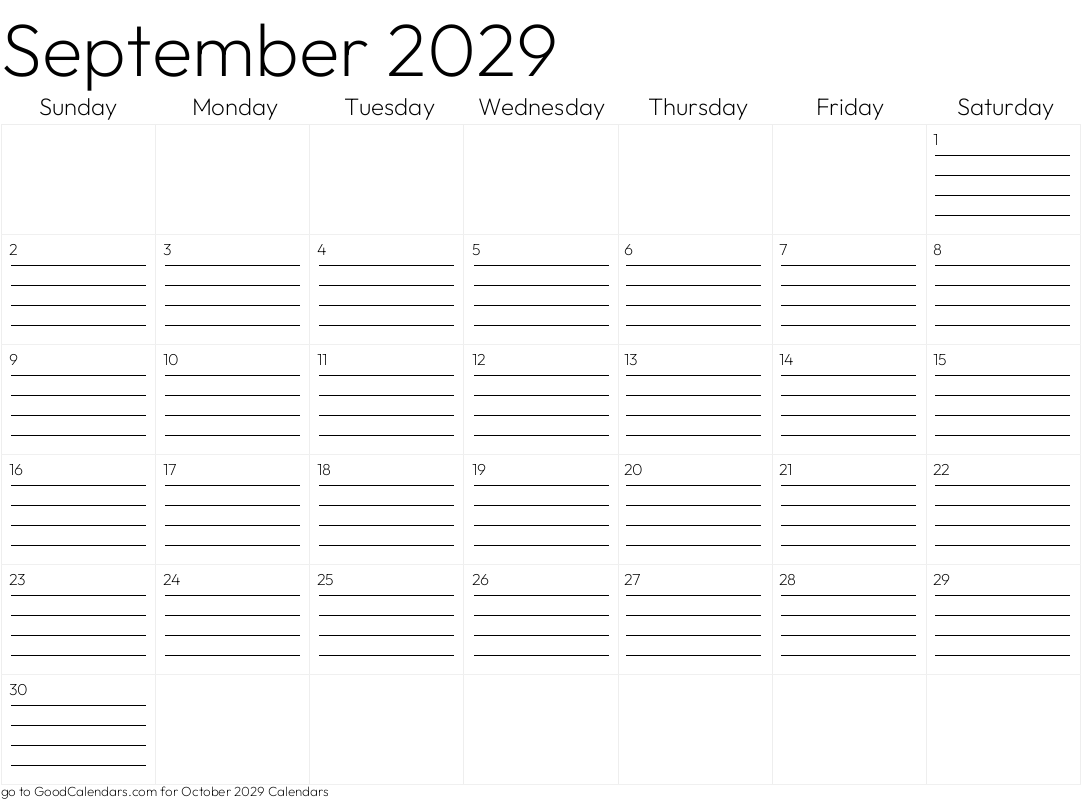 Lined September 2029 Calendar