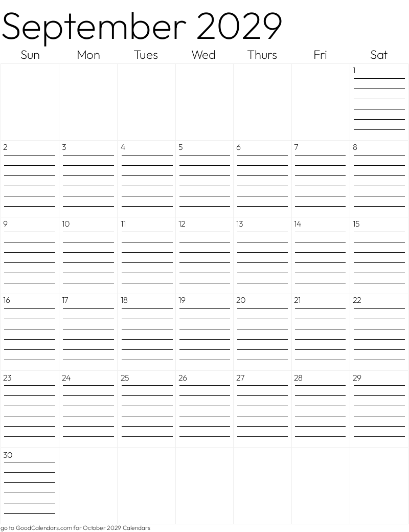 Lined September 2029 Calendar Template in Portrait