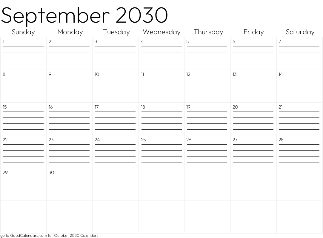 Lined September 2030 Calendar Template in Landscape