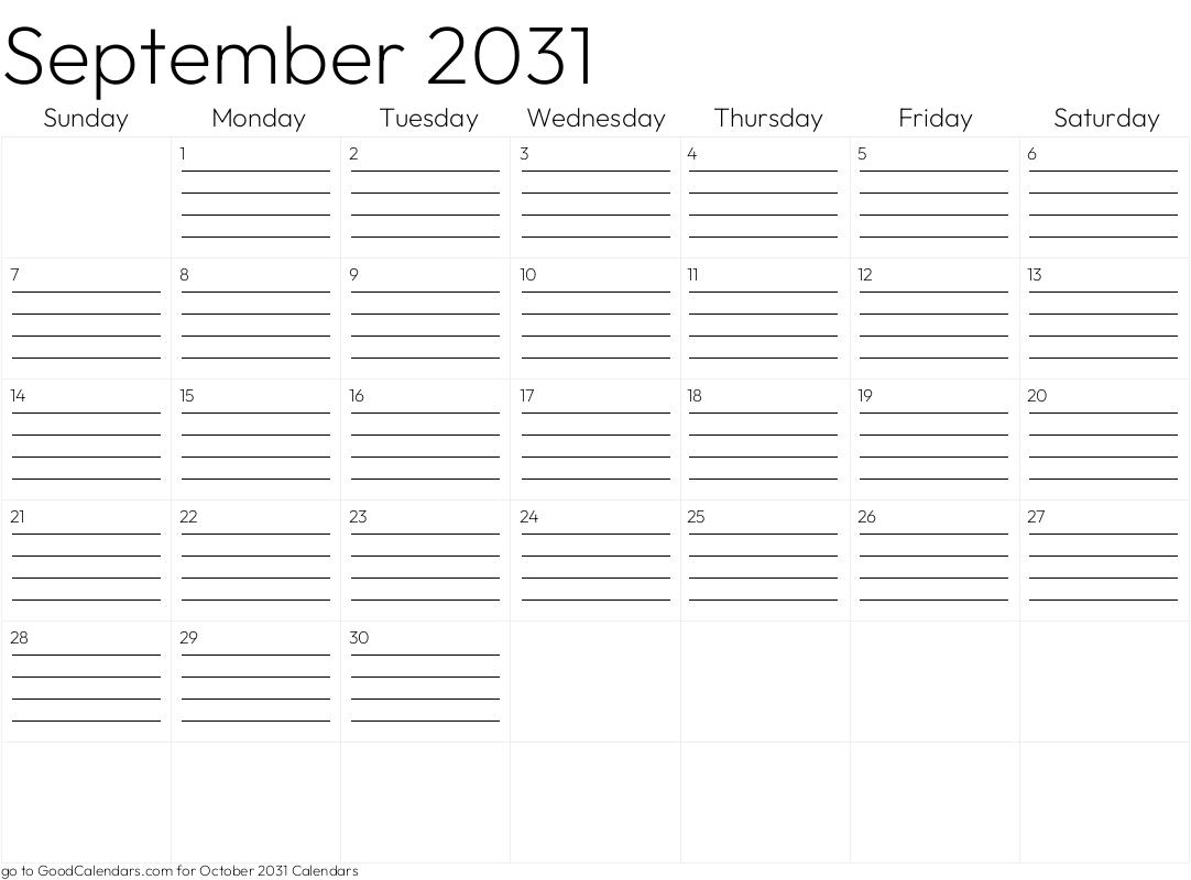 Lined September 2031 Calendar Template in Landscape