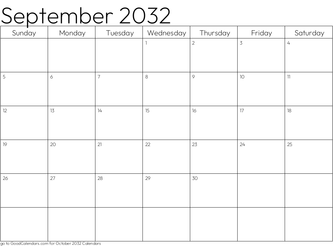 Standard September 2032 Calendar Template in Landscape