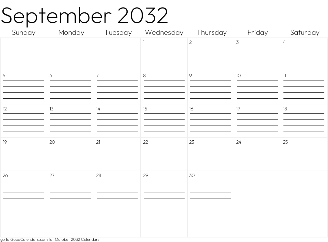 Lined September 2032 Calendar Template in Landscape