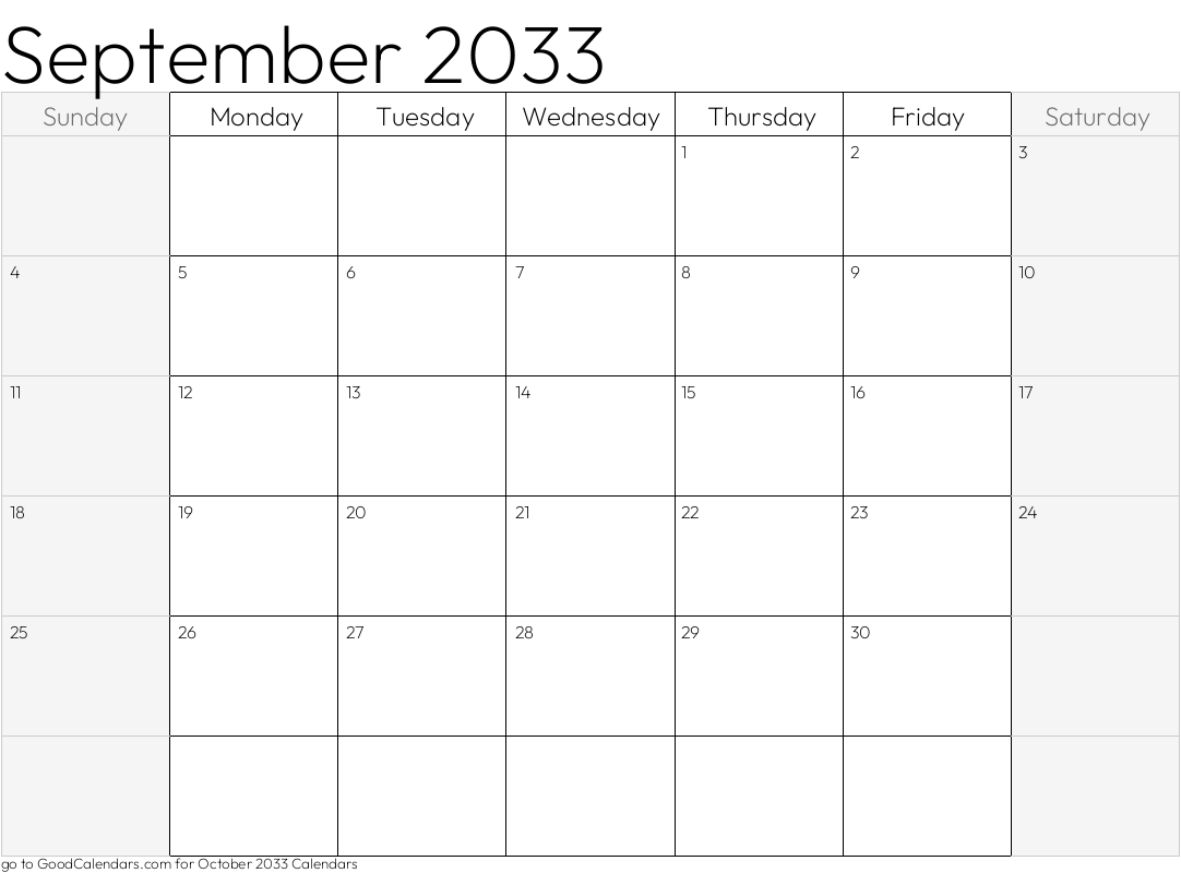 Shaded Weekends September 2033 Calendar Template in Landscape