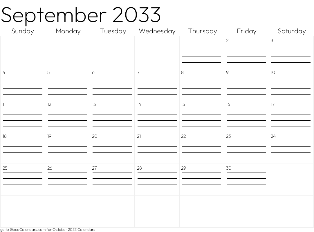 Lined September 2033 Calendar