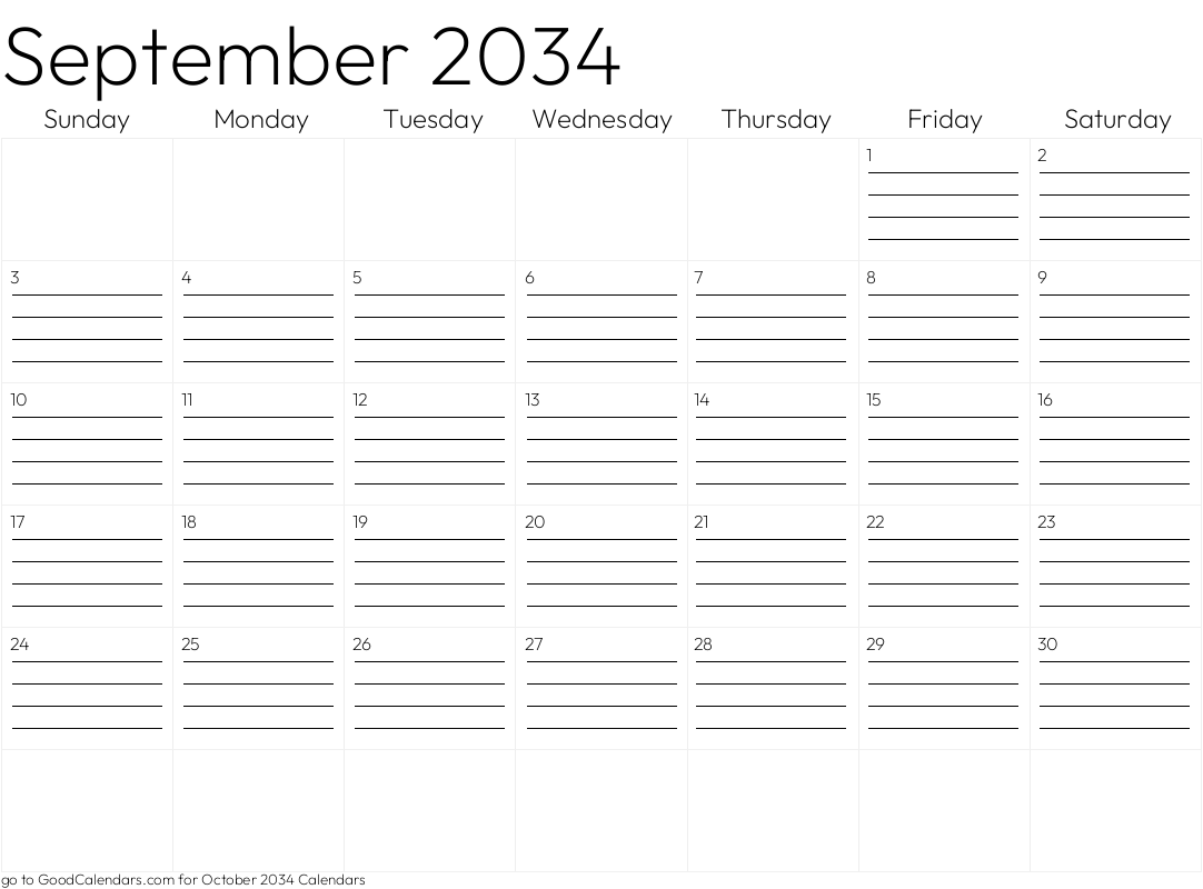 Lined September 2034 Calendar Template in Landscape