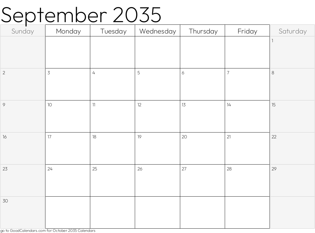 Shaded Weekends September 2035 Calendar Template in Landscape