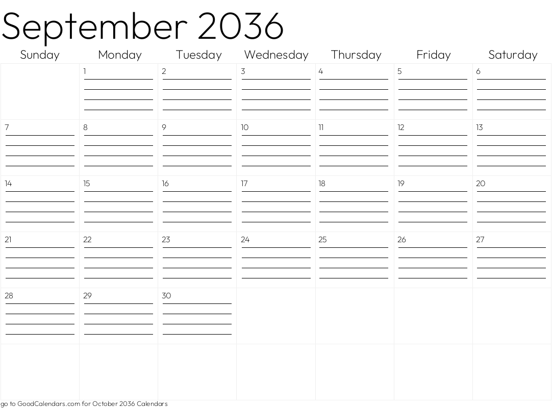 Lined September 2036 Calendar