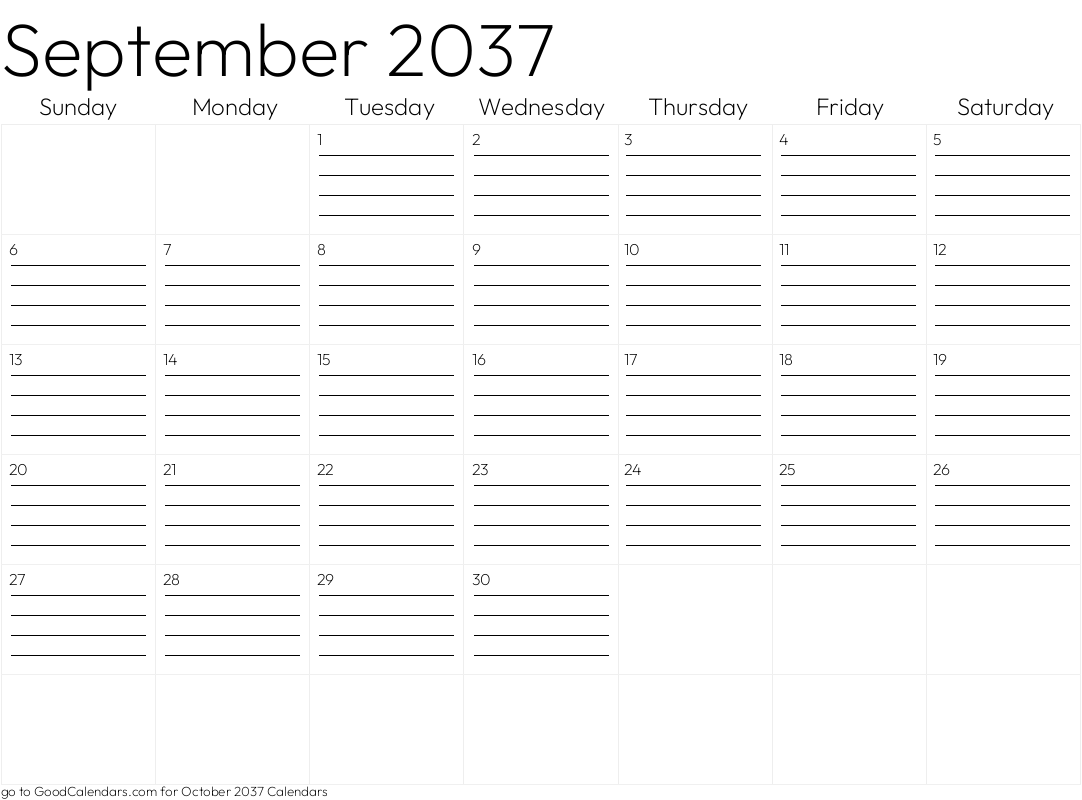 Lined September 2037 Calendar Template in Landscape